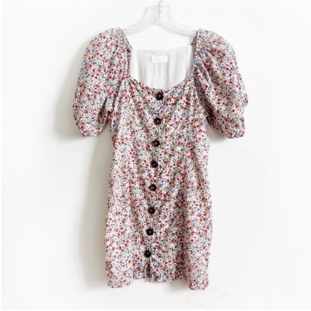 C-Isalis mini dress white red ditsy floral buttons fitted puff sleeves trendy